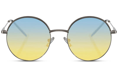 Lunettes de Soleil Argenté Ronde Jaune Bleu